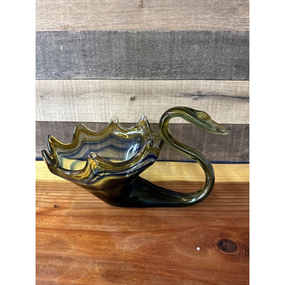 Vintage MCM Hand Blown Murano Style Sooner Swan Blue Yellow Art Glass Dish 11.5” - Picture 3 of 6